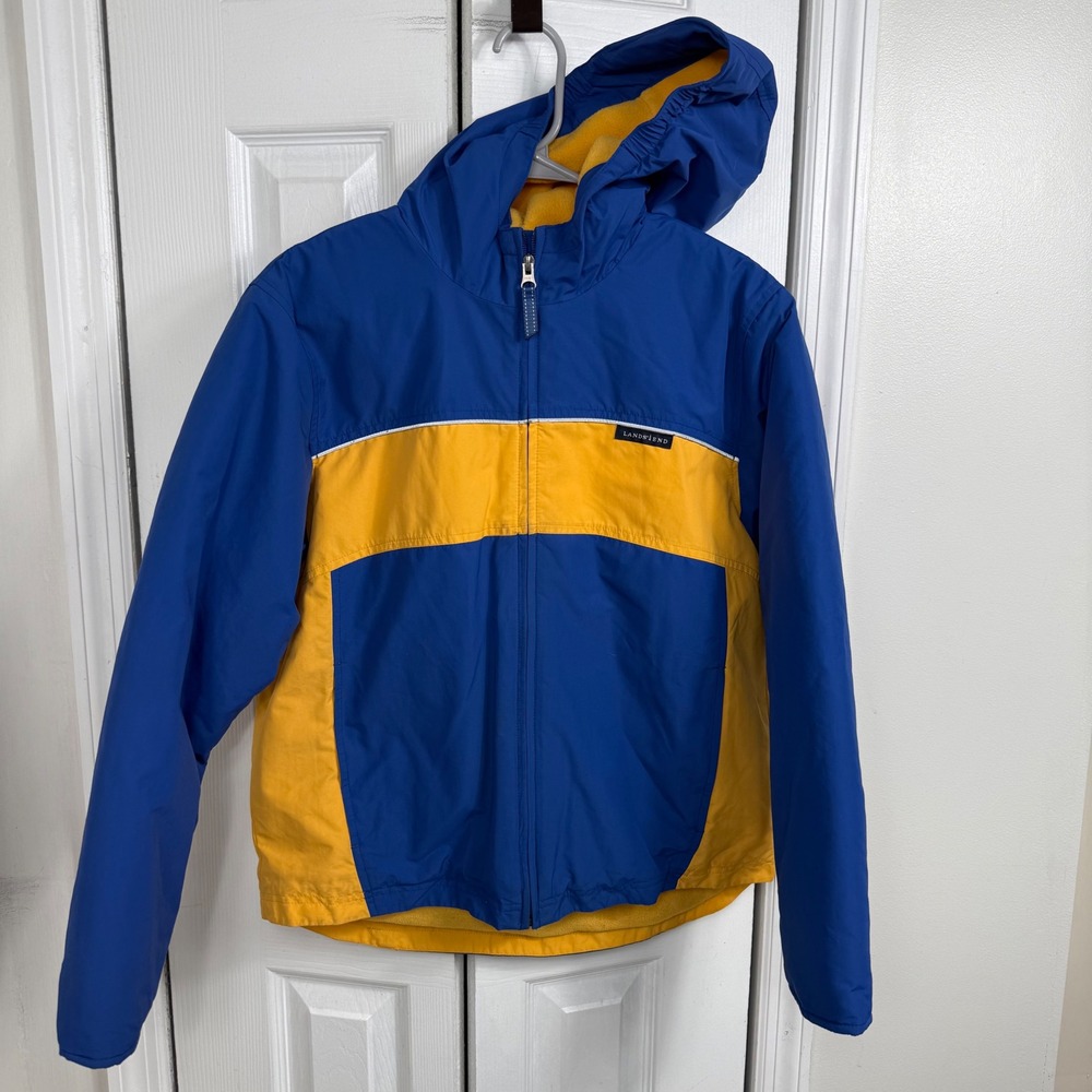 Lands End Kids Windbreaker Jacket L 14-16 Blue Yellow Retro Colorblock Fleece